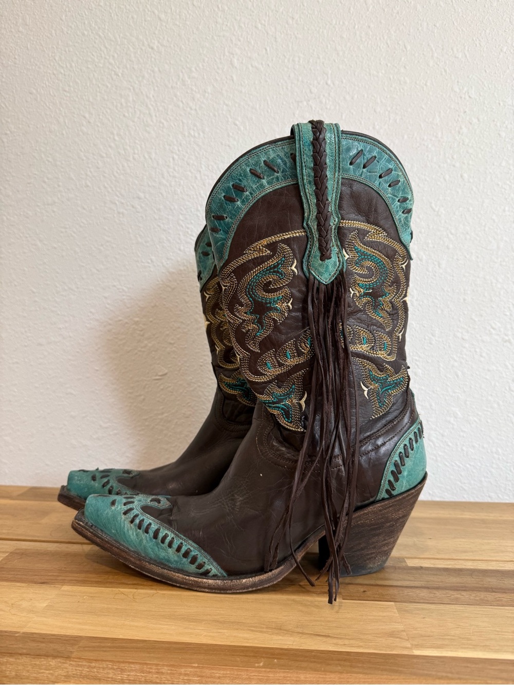 Lucchese Western Cowboy Boots Choc Brown Turquoise Crater Wingtip Fringe 6 B - Picture 4 of 14